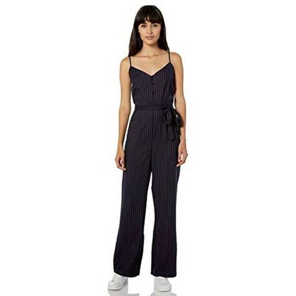 Cupcakes & Cashmere Bonita Pinstripe Front Tie Waist Jumpsuit Blue Tan Small - Picture 1 of 16
